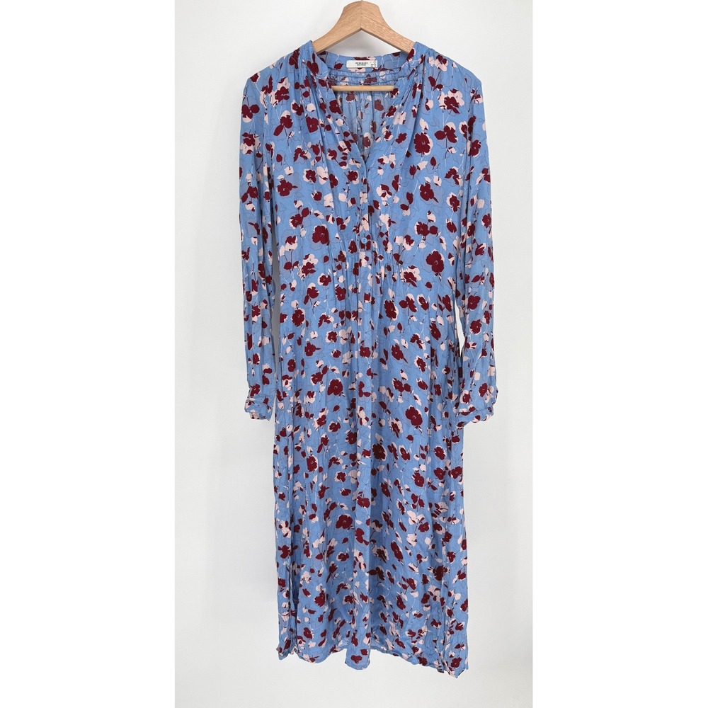Reserved Eco Aware Midi Dress Womens US 4 Blue Floral Long Sleeve V-Neck Pockets